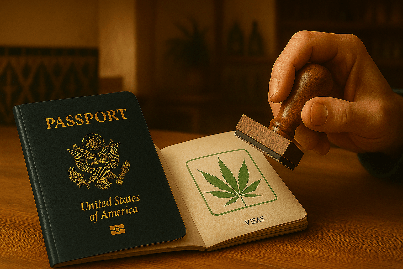 ¿Puedo entrar a un club de cannabis en España si solo tengo pasaporte? Pasaporte sellado con hoja de marihuana en un club cannabico español